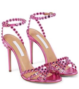 Nueva marca Zapatos de mujer Diseños de gladiador Sandalias de tacón Zapatos Diseño de tiras Sandalia de tequila Adornos de cristal Banquete de boda nupcial Señora Tacones altos Caja de zapatos 35-43