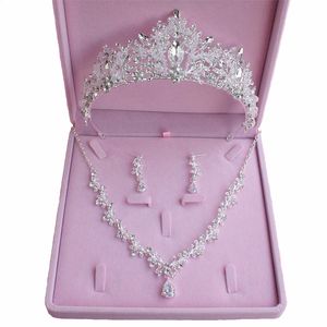 TS-0179 Bride Crown Necklace Ear Set Alloy Inlaid Rhinestone String Handmade Crown Zircon Necklace Bride Three Piece Set