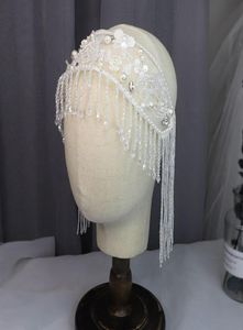 Nouveau bandeau de mariée en cristal avec pompon, fait à la main, paillettes blanches, accessoires pour cheveux perlés, bon marché, Stock 6742410