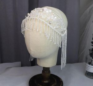 Nouveau bandeau de mariée en cristal avec pompon, fait à la main, paillettes blanches, accessoires pour cheveux perlés, bon marché, Stock 6841592