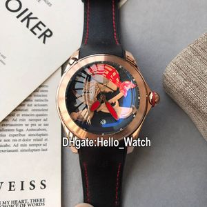 Nouveau boîtier en or rose bulle 43 mm L082 / 03264 Buccaneer Skull noir / cadran rouge montre automatique pour homme Fun Fisheye bracelet en caoutchouc montres Hello_Watch