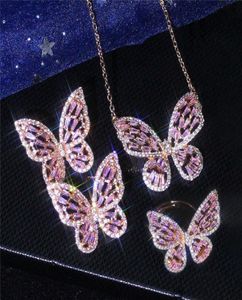 Nuevo conjunto de joyas con encanto 18 quilates chapado en oro rosa blanco Bling CZ Pendientes de mariposa Collar Anillo Conjunto de joyas para niñas Mujeres Niza Gif7953981