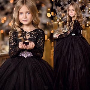 Nuevo vestido de fiesta negro barato Vestidos para niñas Vestidos de encaje Mangas largas Cinturón de cristal Arco Princesa Tul Puffy Niños Niñas de flores Cumpleaños267W