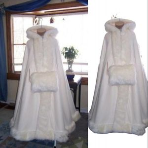 Romántica gran oferta con capucha capa nupcial marfil blanco largo boda capas para invierno con piel sintética boda nupcial envolturas capa nupcial
