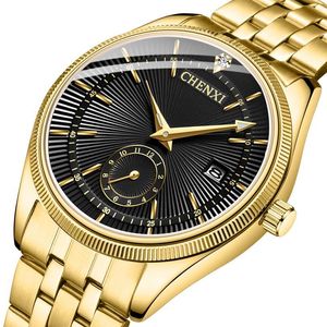 NUEVO CHENXI Reloj de oro Relojes de hombre Reloj de pulsera con esfera analógica Reloj de pulsera de cuarzo dorado Reloj de pulsera Calendario Stainle