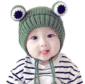 Gorro de rana de dibujos animados de ganchillo divertido para niño, gorro grueso de lana bonito hecho a mano, gorro con protección para los oídos cálido para invierno, gorros infantiles de punto de lana