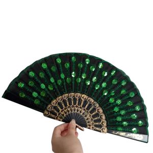 Nuevo estilo chino LaceElegant colorido bordado flor Pavo Real patrón tela de lentejuelas plegable ventilador de mano hecho a mano