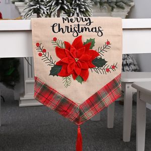 Nuevas decoraciones navideñas, gran flor roja, Bandera de mesa de lino, mantel de lino, decoración de mesa, bandera colgante con borlas para mesa