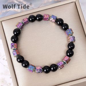 Nouveaux bracelets colorés en pierre de lave volcanique givrée noire, perles de pierre naturelle multicolores brillantes, bracelet de perles pour hommes, bijoux à main réglables pour les meilleurs amis