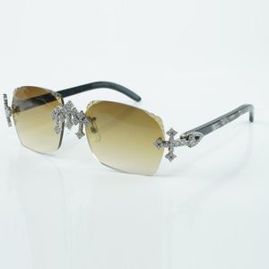 Nouvelles lunettes d'usine de diamants entièrement incrustées de croix 3524018 lunettes de soleil jambes en corne de bœuf texturées noires naturelles et lentilles coupées de 58 mm