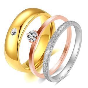 Nuevo anillo de bodas esmerilado de circonio cúbico para parejas Anillos de dedo de compromiso de acero inoxidable de alta calidad Banda Hombres Mujeres Novias Joyería de bisutería de color oro rosa y plata