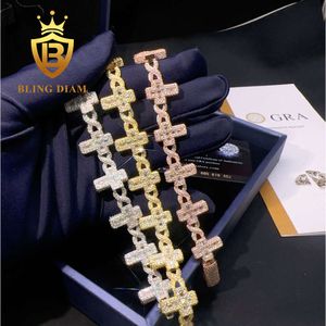 Nouveau Bracelet hip-hop personnalisé en argent Sterling 925, Design croisé, Baguette Moissanite, diamant glacé, chaîne à maillons cubains