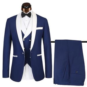 Nouveau personnalisé Slim Fit bleu royal hommes costumes mariage marié Tuxedos 3 pièces (veste pantalon gilet) avec revers blanc garçons d'honneur costumes meilleur homme Blazer