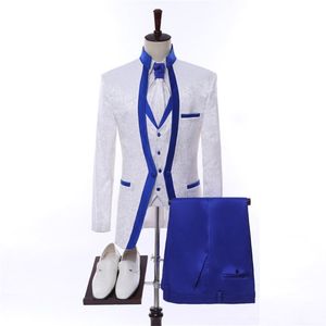 Nuevo diseño, 3 piezas, blanco, azul real, borde, ropa de escenario para hombre, conjunto de traje, trajes de boda para hombre, traje de novio, esmoquin Formal