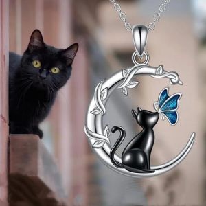 Nuevo diseño de luna collar de gato negro para mujeres hombres góticos animales mariposa mariposa clavícula cadena de amistad joya de joyería