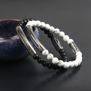 Nuevo diseño de pulseras de cuentas de barra de tubo de acero inoxidable con cuentas de piedra natural de 6mm joyería de plata de moda para parejas