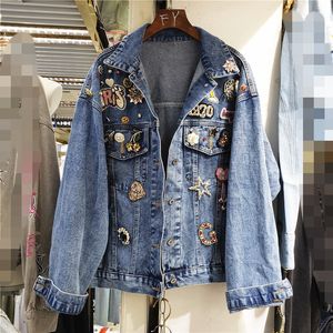 Nouveau design femmes automne mode cool hiphop style badge applique perles strass broderie luxe denim jeans veste manteau ML