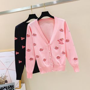 Nuevo diseño de otoño para mujer, nuevo bordado de leopardo rosa con cuello en V, suéter de manga larga con un solo pecho, cárdigan, abrigo de punto S M L XL XXL