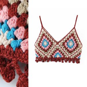 Nouveau design femmes bohême ethnique nation style spaghetti sangle à la main au crochet motif géométrique gland frange réservoirs courts camisoles