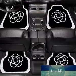 Nouveau designer Car Floor Mat de sol en soie Rague de pied Mat à pied Top Carton Black and White Flower Classic Old Flower Interior Interior 4 Pieces Set Sirty Ressistant Universal Foot Mats