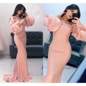 Nouveau designer bon marché Aso Ebi Pink Sirène arabe robes de bal de bal 3D Appliques à manches longues élégantes robes de soirée Robes de soirée Usure 0430