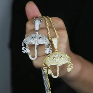 Nouveau créateur argenté Gold Color Umbrella Charme avec chaîne de corde Collier Hip Hop Femmes Men Full Pavé 5A Cubic Zirconia Party Gift Bijoux