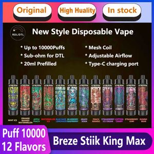 Breze Stiik New Puff 10000 desechable Vape King Max 10000 Puffs Vapes Vapes desechables Dispositivo de vaper de 10k 20ml POD SUB-OHM DTL 12 Sabores E Cigarrillo Big Vapor Pen