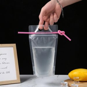 NOUVEAUX sachets de boissons 17 oz sacs givrés débarrassés de la fermeture à glissière support de sac à boire en plastique refermable résistant à la chaleur avec de la paille