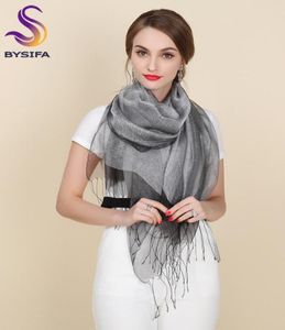 Nouveau élégant organza en soie écharpe châle 100 mûr en soie argentée gris femelle longue écharpes d'hiver automne tassel cape s8992115