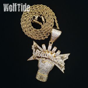 Cubic Zirconia US Dollars Money Bill in Hand Mens Collier Vraiment Riche personnalisé Nouvelle Mode 14K Or CZ Hip Hop Punk Rock Rappeur Bijoux Cadeaux pour Hommes Hommes Bijoux