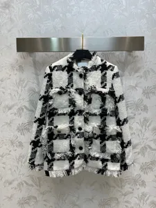 Nueva moda negro blanco borlas guingán Tweed broche chaqueta mujer manga larga diamantes bolsillos con botones dulce abrigo suelto