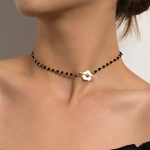 Gargantilla de cadena con cuentas de cristal negro de lujo para mujer, Collar con cierre de lazo de flores, regalos