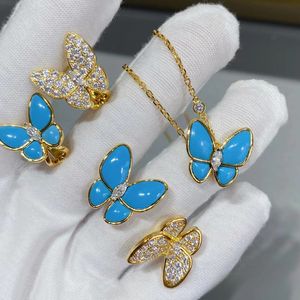 Nueva moda Diseñador de marca de lujo Conjuntos de joyería 18 k oro azul Rhinestone pendientes asimétricos collares anillo Grado superior Mujer Chica Regalo de joyería
