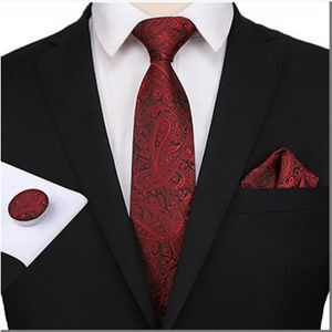 Nouveau motif de mode longue cravate hommes 8cm soie cravate homme mariage occasion formelle cravate mouchoir boutons de manchette 3 pièces Set269V