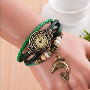 Mode femme montres rétro multicouche dauphin pendentif perle tressé Faux cuir Quartz Bracelet montre-bracelet alliage étiquette dames montre