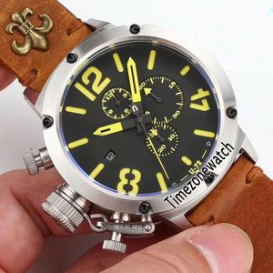 Nuevo Flightdeck U-72 U72 VK Cronógrafo de cuarzo Reloj para hombre Caja de acero Esfera negra Marca amarilla Mano izquierda Cronómetro de cuero Timezonewatch E02b2