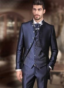 Nuevo traje Formal para hombre con pantalones, trajes de boda azul marino para hombre, chaleco ajustado de Jacquard para novio, traje Floral personalizado de 3 piezas