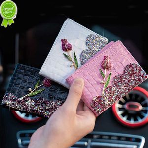 Nouveau porte-permis de conduire en cuir véritable Rose fleur diamant cristal clé de voiture sac portefeuille sac à main femmes carte de crédit étui de poche