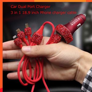 New Glitter Car USB Phone Charger Dual Adapter in Vehicle 3-en-1 Câble C-Type Bling Diamond Interior Fast Charging Decor Hommes Femmes