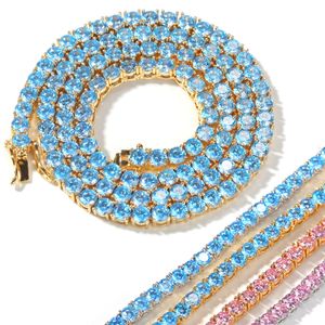 New Gold Bling Blue Pink Diamond Tennis Chain Mens Collier personnalisé Hip Hop Cubic Zirconia Choker Chaînes Rappeur Bijoux Cadeau pour Garçon
