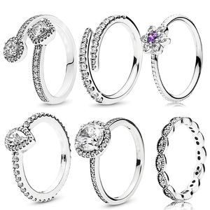 Nuevo Popular 925 Anillos de plata esterlina Gotas de agua Anillo de dedo delgado Transparente CZ Pandora Sra. Joyería de boda Accesorios de moda Regalo