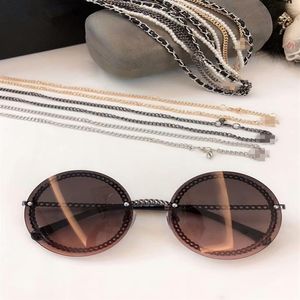 Nuevas gafas de sol de cadena redonda de alta calidad, cadena de perlas de cuero metálico, gafas rectangulares 228b