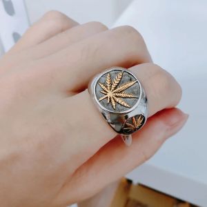 Nouveau Hip Hop taille 7-14 chevalière en chanvre de mauvaises herbes 14K Bague en or blanc Punk feuille d'érable grand anneau pour hommes femmes Biker bijoux Bague