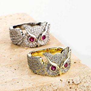 Nuevo anillo de banda de búho lleno de circonio estilo hip-hop para hombres y mujeres INS Anillos de dedo índice personalizados de moda 14k chapado en oro real Bijoux Rapper Australia Jewelry