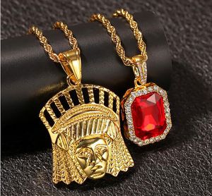 New Indian chief Bling Crystal Rhinestone Colgante Con Red Ruby Collar Colgante Conjunto Hombres Moda Hip Hop Joyería