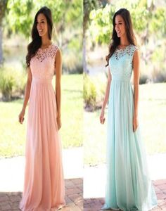 Nuevos vestidos de noche de playa de estilo campestre de encaje y gasa Vestidos formales Imagen real Barato Coral Verde Menta Largo Dama de honor junior D3276184