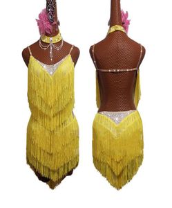 Nuevo vestido de baile latino vestido amarillo con flecos Sexy sin espalda 2019 Salsa ChaCha Rumba competición baile Women3916367