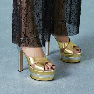 Nouveau cuir double plate-forme sandales pompes gros talons bloc bretelles entrecroisées orteil super haute femmes designers de luxe chaussures de soirée chaussures d'usine