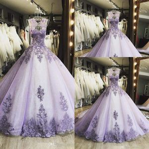 Nouvelle lilas sexy quinceanera robes illusion appliques en dentelle cristal tulle gonfy ouvert sweet 16 plus taille de fête de fête de soirée