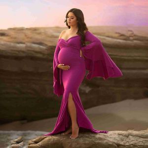 Nueva maternidad Fotografía Prop Embarazo Manga larga Algodón Gasa Maternidad Sexy Vestido sin tirantes Sesión de fotos Vestido de embarazada R230519